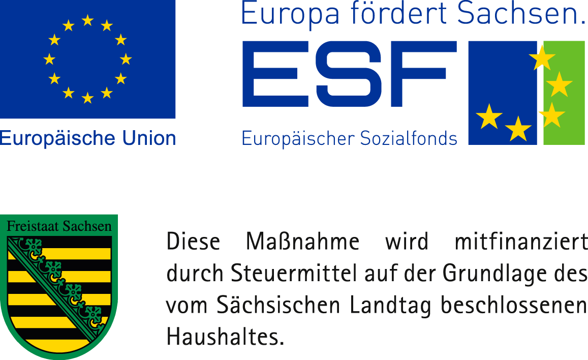 ESF, Europäischer Sozialfonds, Freistaat Sachsen, Europäische Union, Europa fördert Sachsen, Diese Maßnahme wird mitfinanziert durch Steuermittel auf der Grundlage des vom Sächsischen Landtag beschlossenen Haushaltes.